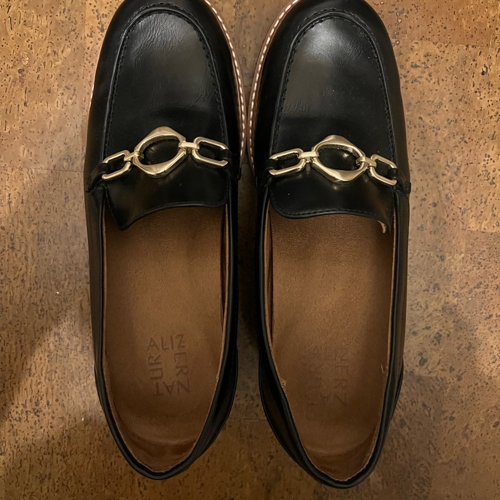 Naturalizer Black Leather Loafers with Gold Buckle